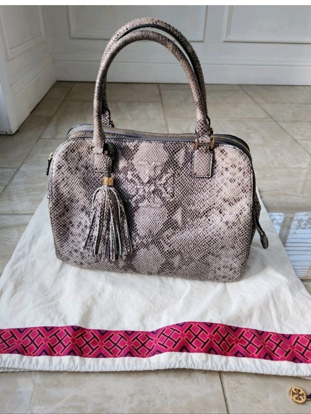 Tory Burch Thea Snakeskin Triple Compartment Satchel Bag